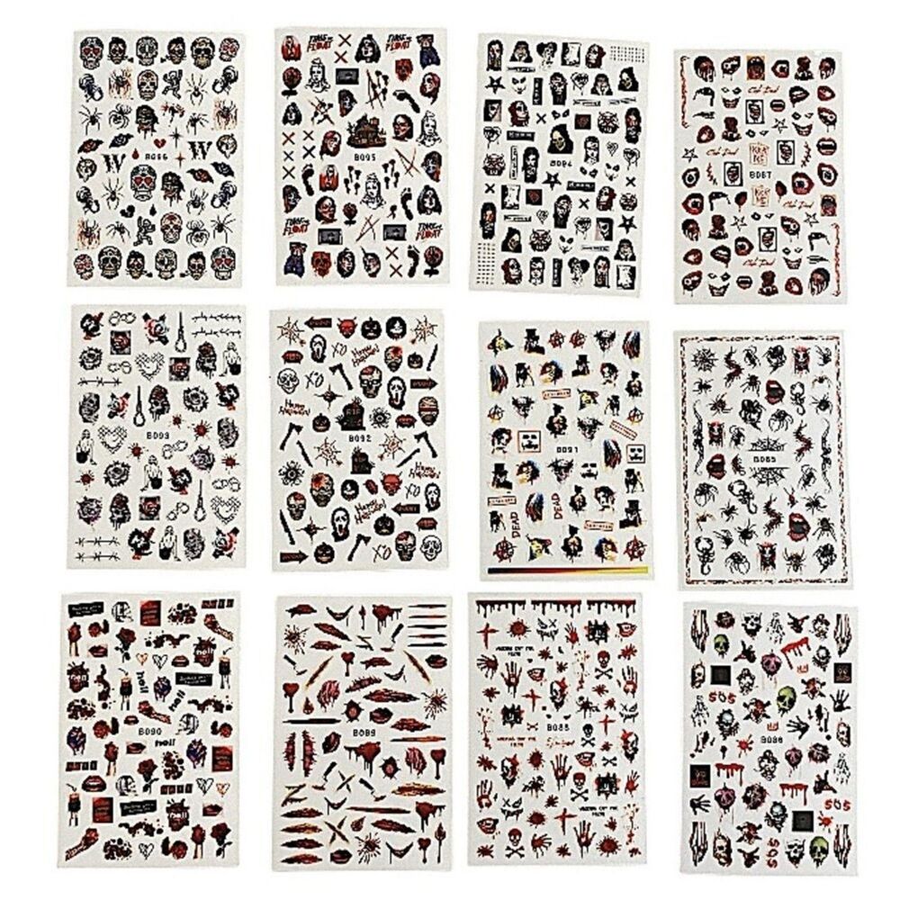 12 Sheets Nail Art Halloween Stickers NEW Scary Film Characters Self-Adhesive